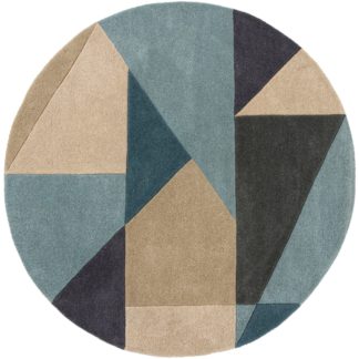 An Image of Harper Wool Circle Rug Blue, Beige and Grey