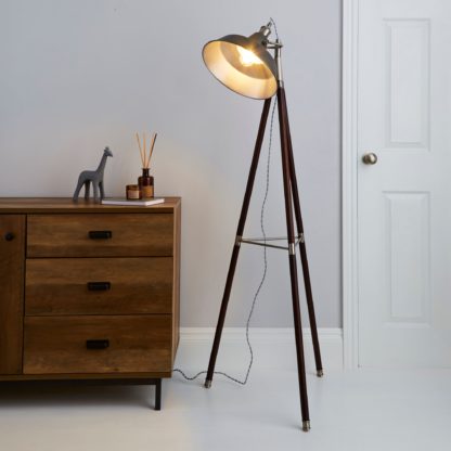 An Image of Lucas Tripod Dark Wood Industrial Floor Lamp Grey