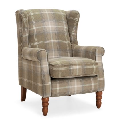 An Image of Oswald Check Wingback Armchair - Natural Brown, Blue and White