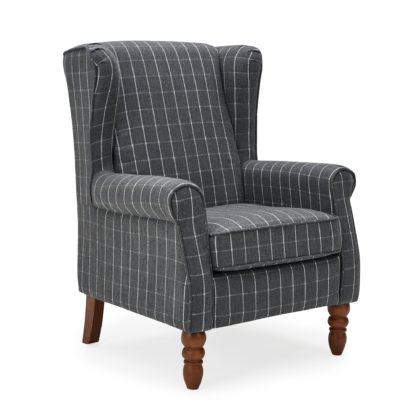 An Image of Oswald Window Pane Check Wingback Armchair - Grey Grey and White