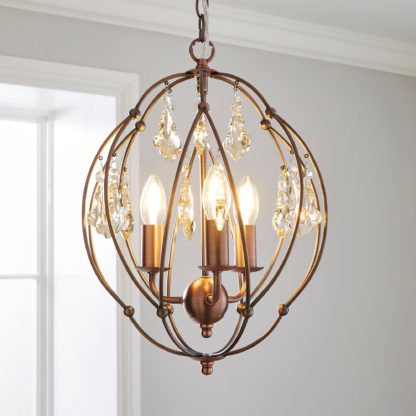 An Image of Salino Globe 3 Light Antique Copper Chandelier Antique Matt Copper, Amber