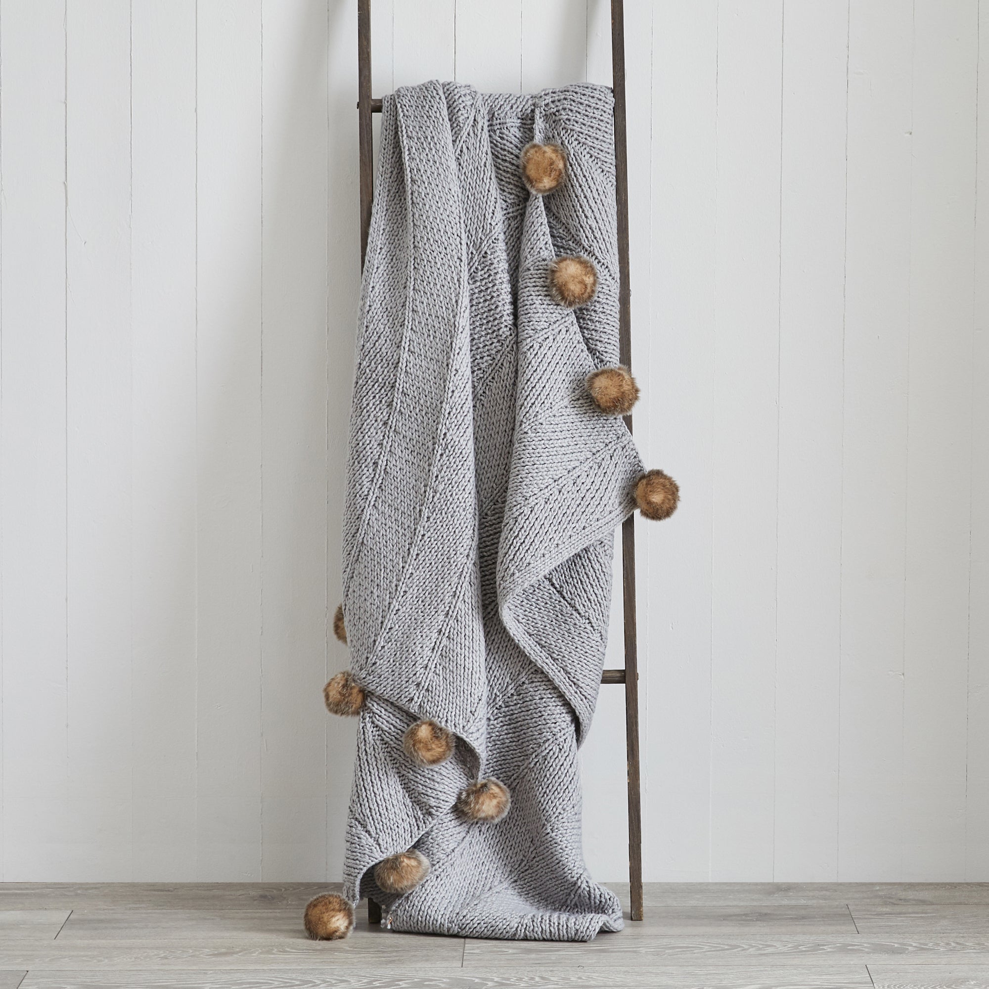 Chunky Knit Faux Fur Pom Pom 130cm x 180cm Throw Grey Compare