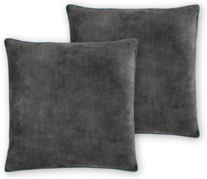 An Image of Castele Set of 2 Luxury Velvet Cushions, 50x50cm, Grey with Teal Piping