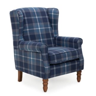 An Image of Oswald Check Wingback Armchair - Navy Blue, Beige and White