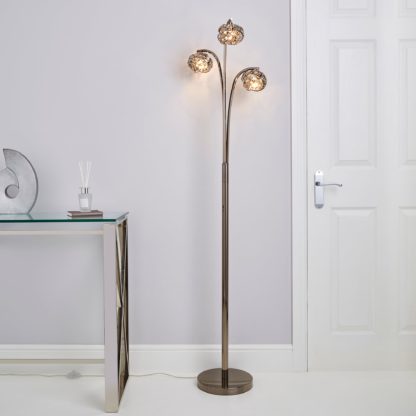 An Image of Cecilie Smoked Crystal Floor Lamp Dark Chrome Chrome