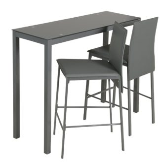 An Image of Argos Home Lido Glass Bar Table & 2 Grey Chairs