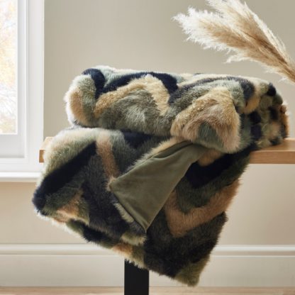 An Image of Eska Faux Fur Throw Green, Brown and Yellow