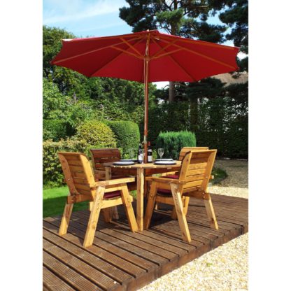 An Image of Charles Taylor 4 Seater Wooden Round Dining Set with Burgundy Seat Pads and Parasol Brown