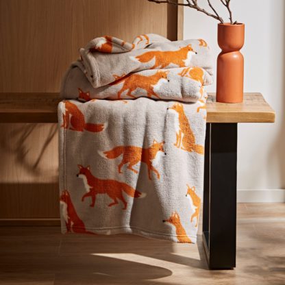 An Image of Fergus the Fox Printed Fleece Throw Orange