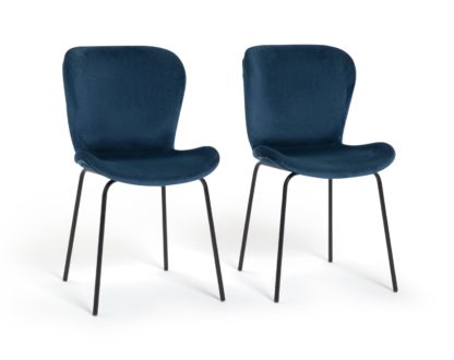 An Image of Habitat Etta Pair Velvet Blue Metal Leg Chairs