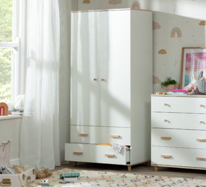 An Image of Habitat Melby 2 Door 2 Drawer Wardrobe - White & Acacia