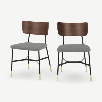 An Image of Amalyn Set of 2 Dining Chairs, Light Grey Velvet & Walnut