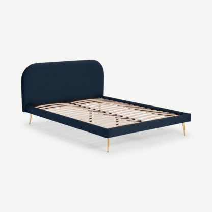 An Image of Eulia King Size Bed, Sapphire Blue Velvet & Brass