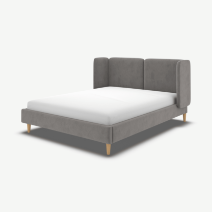 An Image of Ricola Super King Size Bed, Steel Grey Velvet with Oak Legs