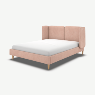 An Image of Ricola Double Bed, Heather Pink Velvet with Oak Legs