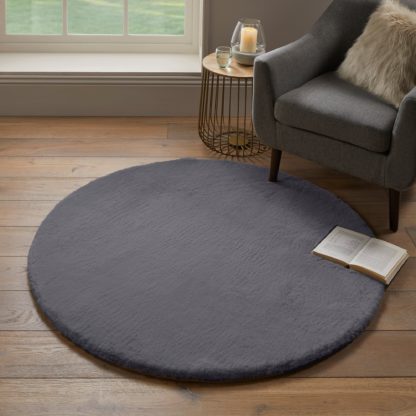 An Image of Faux Fur Supersoft Lush Circle Rug Grey