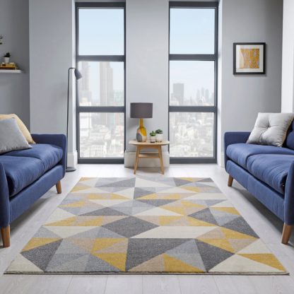 An Image of Geo Squares Rug Yellow, Grey and White