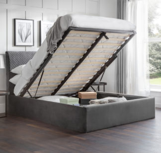 An Image of Sanderson Grey Velvet Ottoman Storage Bed Frame - 6ft Super King Size