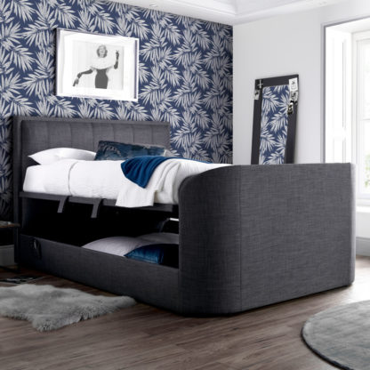 An Image of Griffin Slate Grey Fabric Ottoman Media Electric TV Bed - 6ft Super King Size