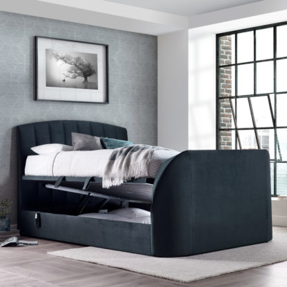 An Image of Flintstone Onyx Dark Grey Velvet Ottoman Electric TV Bed - 6ft Super King Size