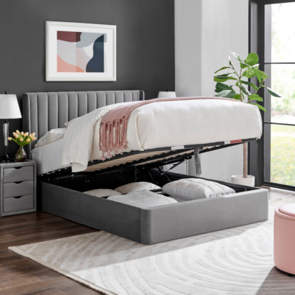 An Image of Harper Grey Velvet Ottoman Storage Bed Frame - 5ft King Size