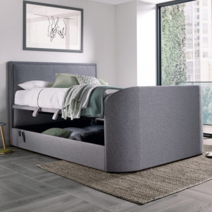 An Image of Griffin Light Grey Fabric Ottoman Media Electric TV Bed - 6ft Super King Size