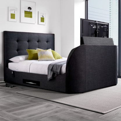 An Image of Lannister Slate Grey Fabric Electric TV Bed - 6ft Super King Size