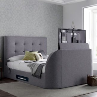 An Image of Lannister Light Grey Fabric Electric TV Bed - 6ft Super King Size