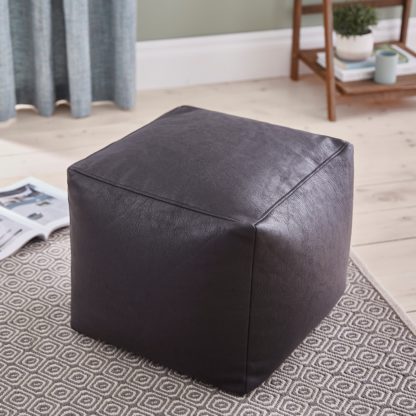 An Image of Faux Leather Cube Pouffe Black