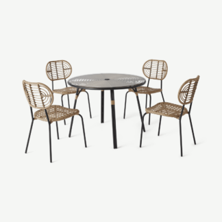 An Image of Swara Garden 4 Seater Round Dining Set ,Natural Polyrattan & Glass