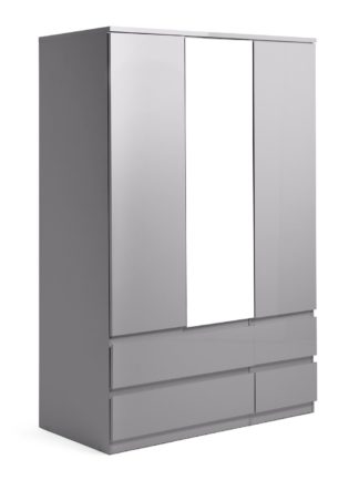 An Image of Habitat Jenson 3 Door 4 Drawer Mirror Wardrobe - Grey Gloss