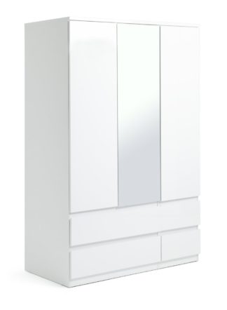 An Image of Habitat Jenson 3 Door 4 Drawer Mirror Wardrobe - White Gloss