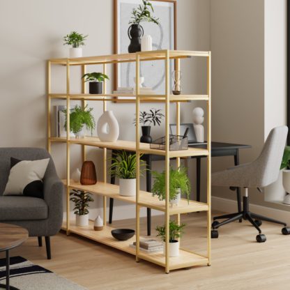 An Image of Modular Gold & Light Oak 5 Shelf Wide Shelving Unit MultiColoured