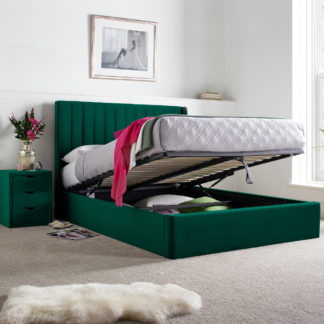 An Image of Harper Green Velvet Ottoman Storage Bed Frame - 4ft6 Double