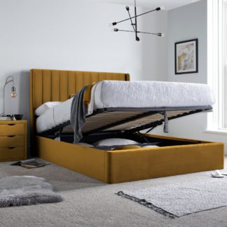 An Image of Harper Mustard Velvet Ottoman Storage Bed Frame - 4ft6 Double