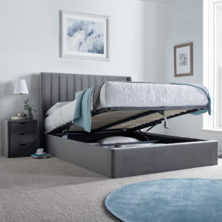 An Image of Harper Grey Velvet Ottoman Storage Bed Frame - 6ft Super King Size