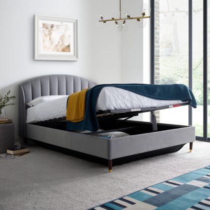 An Image of Sandy Grey Velvet Ottoman Storage Bed Frame - 6ft Super King Size