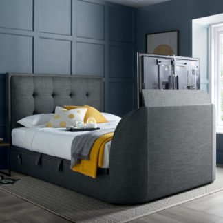 An Image of Simpson Slate Grey Fabric Ottoman Electric TV Bed - 6ft Super King Size