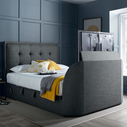 An Image of Simpson Slate Grey Fabric Ottoman Electric TV Bed - 6ft Super King Size