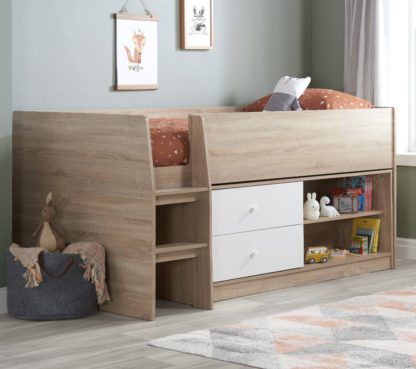 An Image of Leyton White and Oak Wooden Cabin Bed Frame - 3ft Single