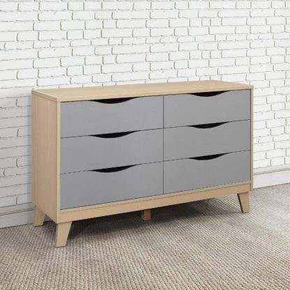 An Image of Kingston Beech and Grey Wooden 3 + 3 Drawer Chest