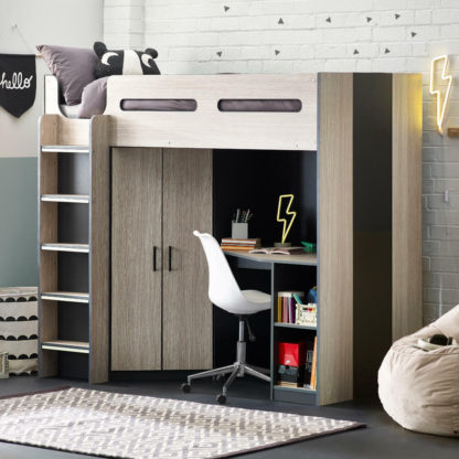 An Image of Hercules - Single - High Sleeper - Desk - Wardrobe and Storage - Oak and Dark Grey - Wooden - 3ft