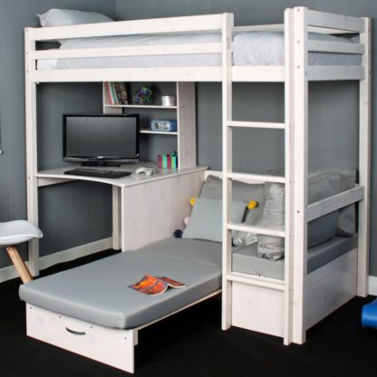 An Image of Hit - Kids High Sleeper Bed with Silver Futon Bed - White - Wooden - Single - 3ft