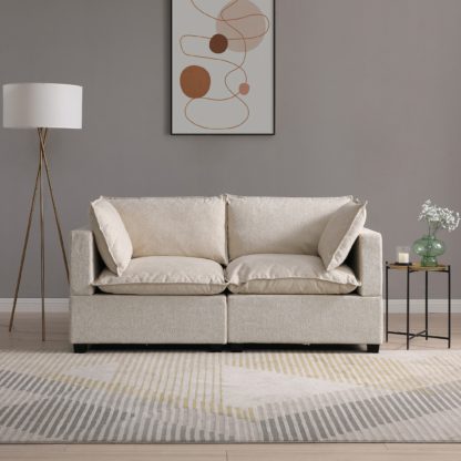 An Image of Moda 2 Seater Modular Sofa, Light Grey Boucle Moda Boucle Grey