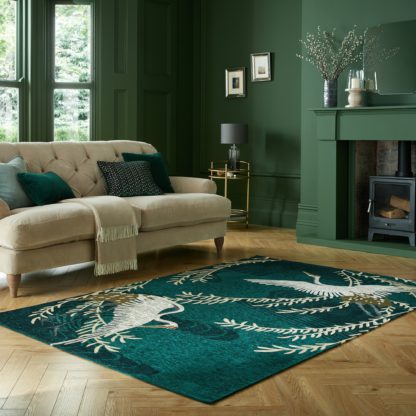 An Image of Cranes Chenille Rug Emerald