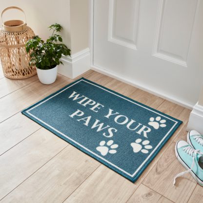 An Image of Wipe Your Paws Washable Printed Mat, 50x75cm Blue