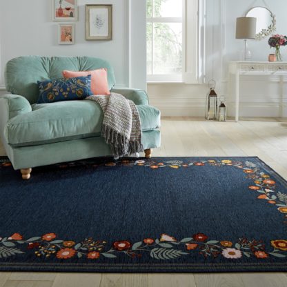 An Image of Camellia Floral Border Rug Camellia Blue