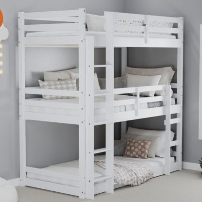 An Image of Tressa/Ethan - Single - Triple Bunk Bed and 3 Open Coil Spring Mattresses Included - White - Wooden/Fabric - 3ft - Happy Beds