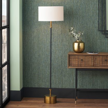 An Image of Antoine Black Croc Antique Brass Floor Lamp with Henry 40cm Handloom Cylinder Shade Bronze