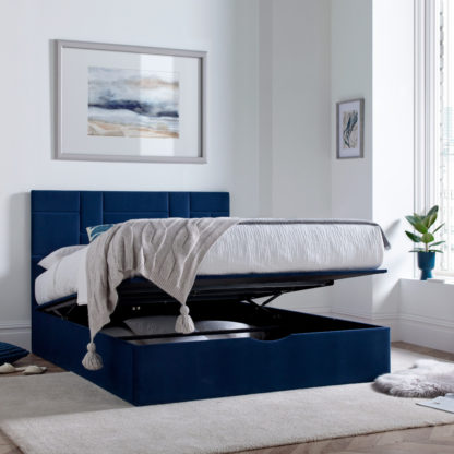 An Image of Hagen - Double - Ottoman Storage Bed - Blue - Velvet - 4ft6 – Happy Beds